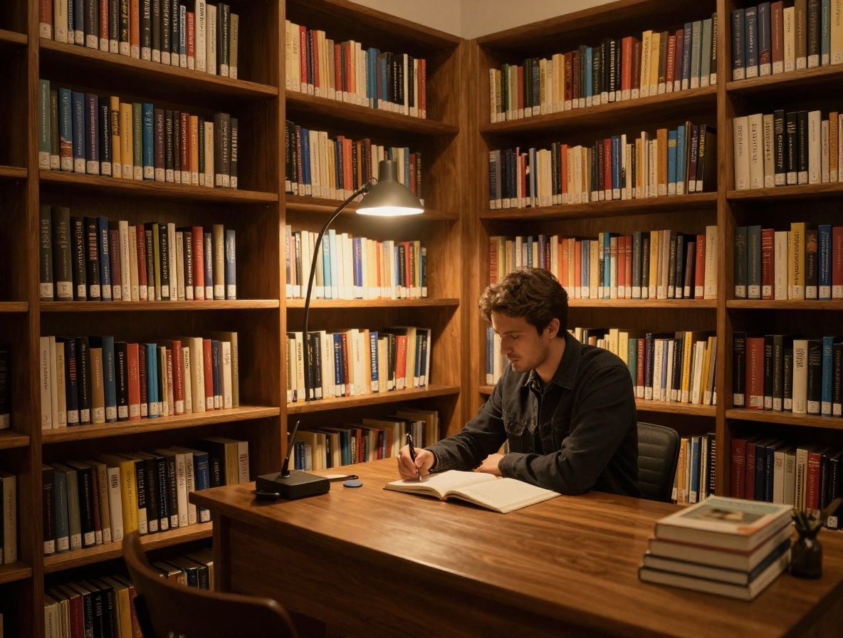 Biblioteca académica con estanterías de madera oscura llenas de libros de ciencias naturales y nutrición, iluminada con luz cálida de lámpara de escritorio, ambiente de estudio serio y recogido con mesa de trabajo visible