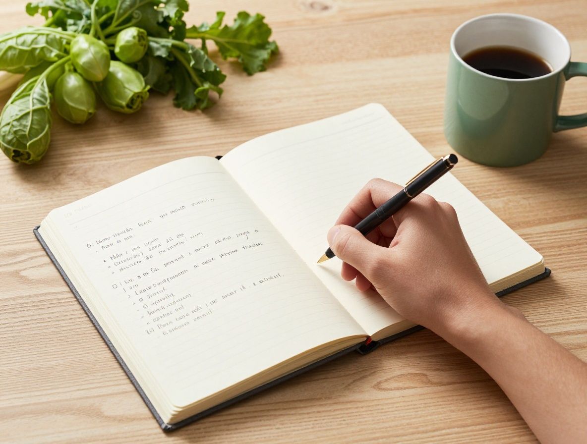 Mesa de madera clara con una composición fotográfica de libros abiertos sobre nutrición, cuaderno de notas con anotaciones científicas, taza de té verde y verduras frescas de colores sobre fondo neutro con luz suave de estudio