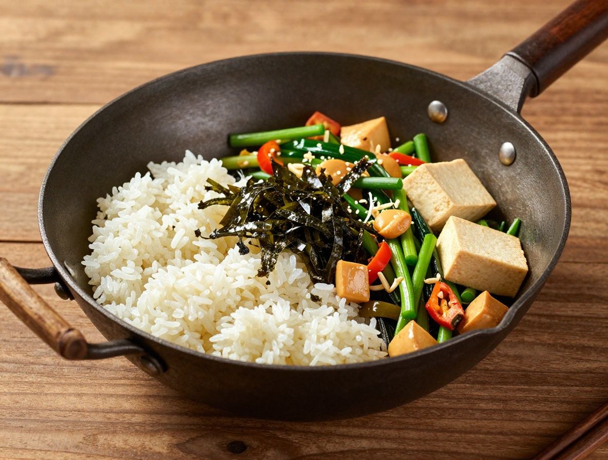 Mesa asiática tradicional con cuencos de arroz integral vapor, brotes de soja, algas nori, tofu firme y verduras salteadas en wok de hierro fundido con palillos de bambú, fondo de madera oscura y luz cálida tamizada