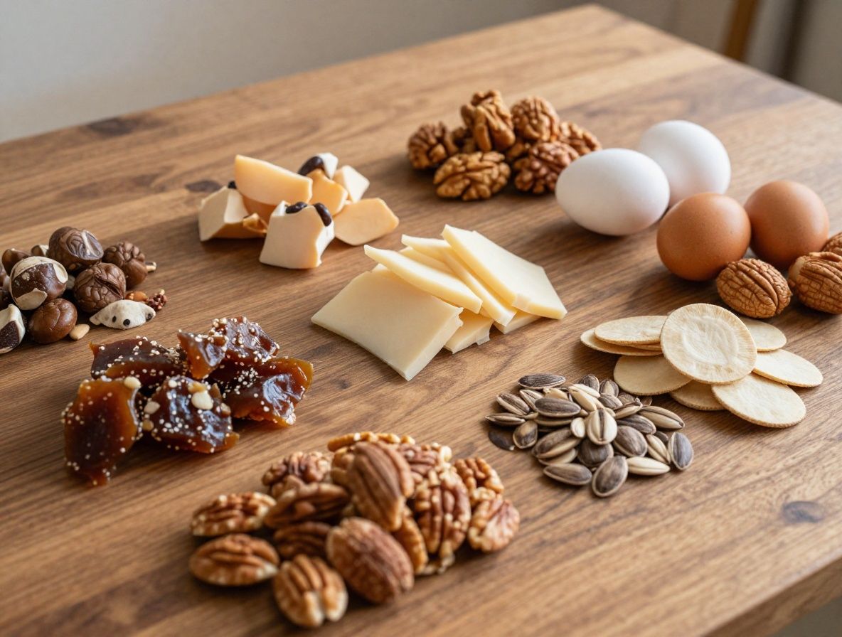 Selección de alimentos ricos en proteínas dispuestos sobre una tabla de madera: legumbres secas, nueces, semillas y huevos frescos en una composición natural con tonos tierra y luz difusa